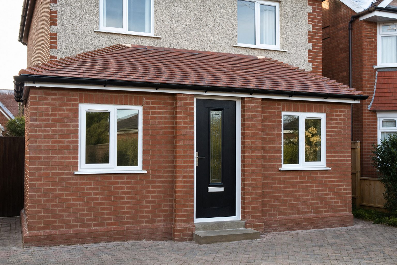 Wide brick porch extension with a tiled pitched roof on a detached house