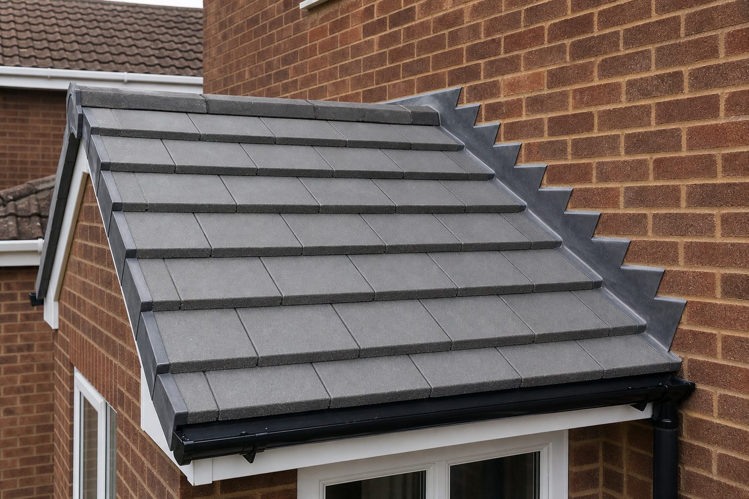 New grey tiled porch roof with stepped lead flashing against a brick wall